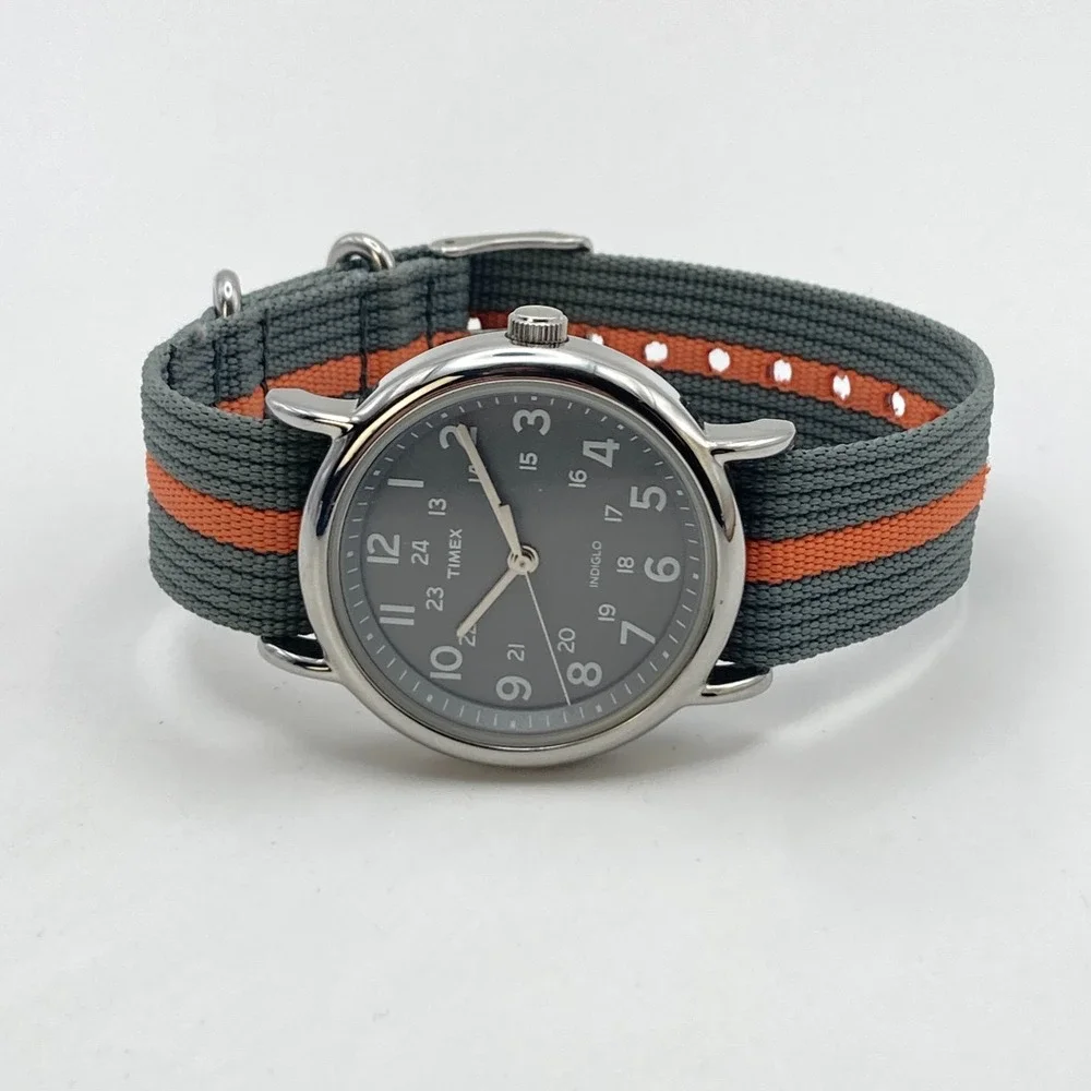 Timex Weekender Men's Watch 38mm Silver Tone Indiglo Gray Orange New Battery